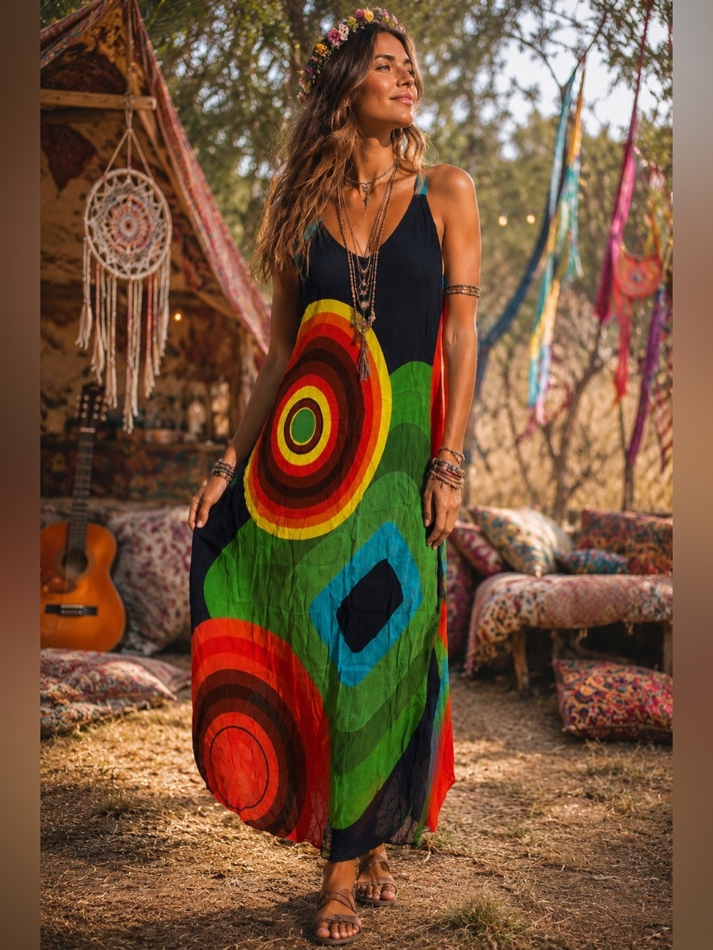 PALAK Abstract Geometric Circle Print Sleeveless Maxi Dress One Size Boho Art